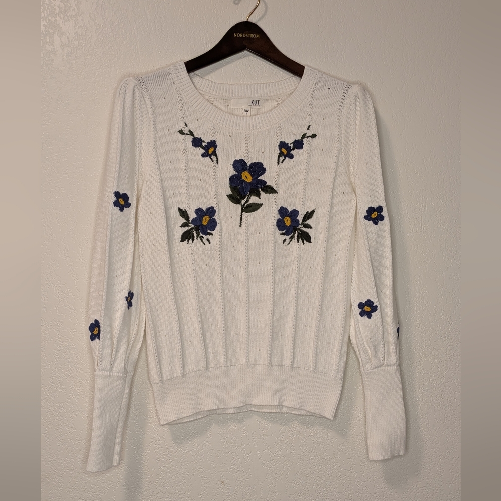 Kut from the Kloth Cream Knit Sweater With Embroidered Flowers - Picture 1 of 7